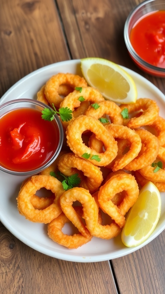 Crispy fried calamari on a plate with lemon wedges and marinara sauce.